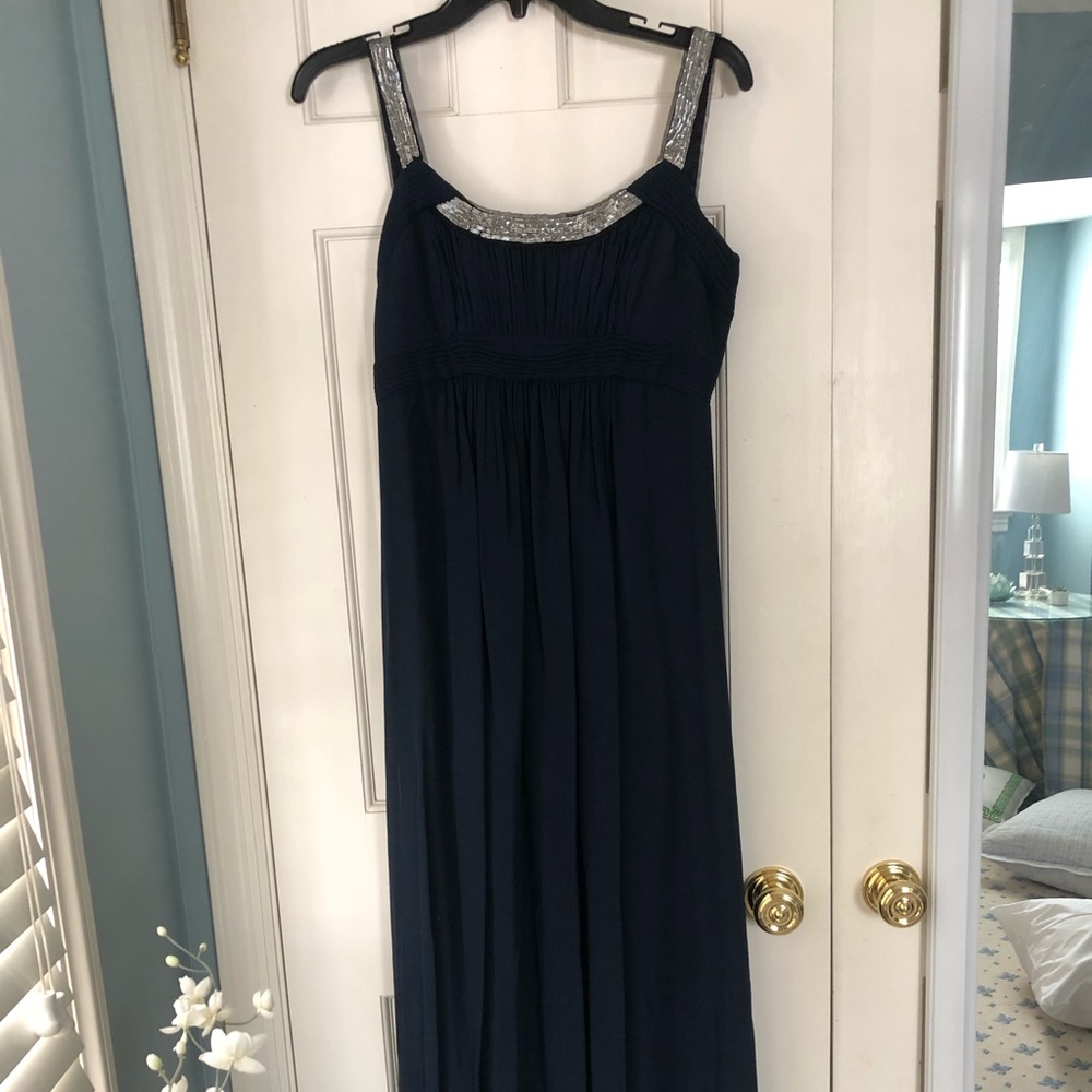 BCBG navy/silver sequin trim gown